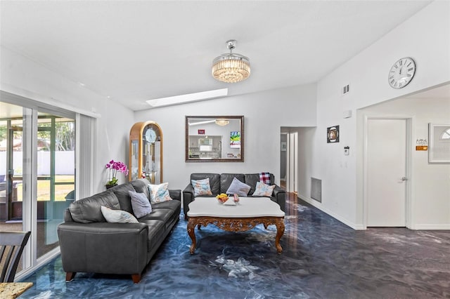 13 Belleaire Dr, Palm Coast, FL 32137 - living room featuring visible vents, baseboards, a chandelier, and vaulted ceiling
