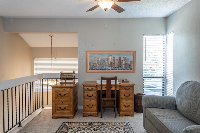 carpeted office space with ceiling fan and a healthy amount of sunlight