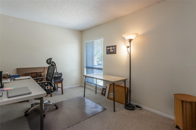 office area featuring baseboards, carpet flooring, and a textured ceiling