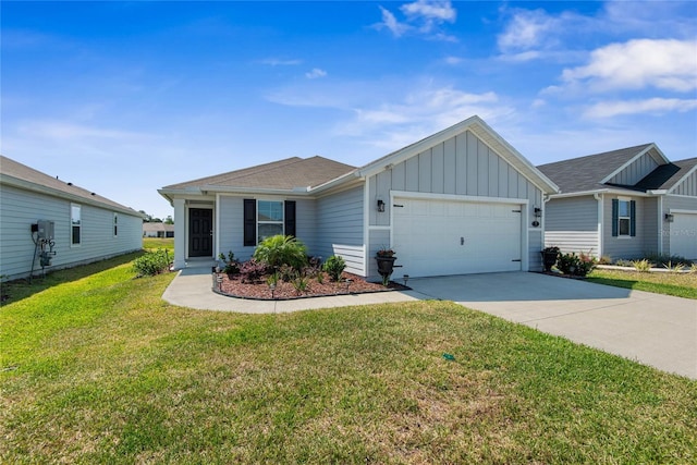 7 Windsor Ter, Palm Coast, FL 32164 - ranch-style house featuring an attached garage, a front lawn, board and batten siding, and concrete driveway