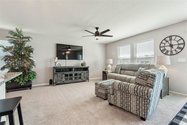 7 Windsor Ter, Palm Coast, FL 32164 - living room featuring a textured ceiling, ceiling fan, baseboards, and carpet
