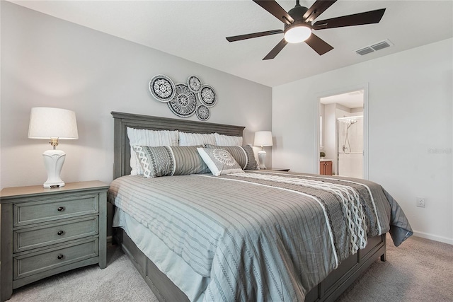 7 Windsor Ter, Palm Coast, FL 32164 - bedroom with visible vents, light carpet, baseboards, ensuite bathroom, and ceiling fan