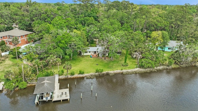 bird's eye view featuring a view of trees and a water view