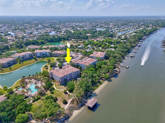 drone / aerial view featuring a water view