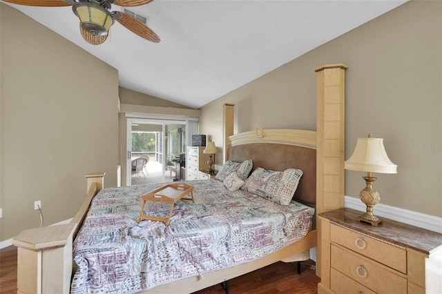bedroom featuring access to outside, a ceiling fan, wood finished floors, and lofted ceiling