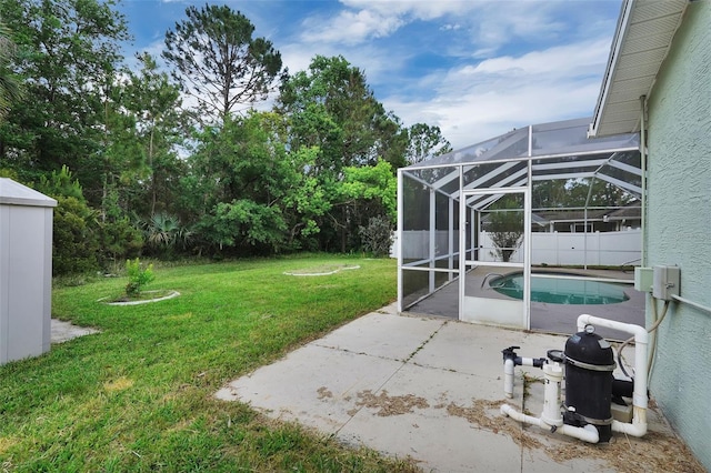 view of yard with a fenced backyard, a fenced in pool, a patio area, and glass enclosure