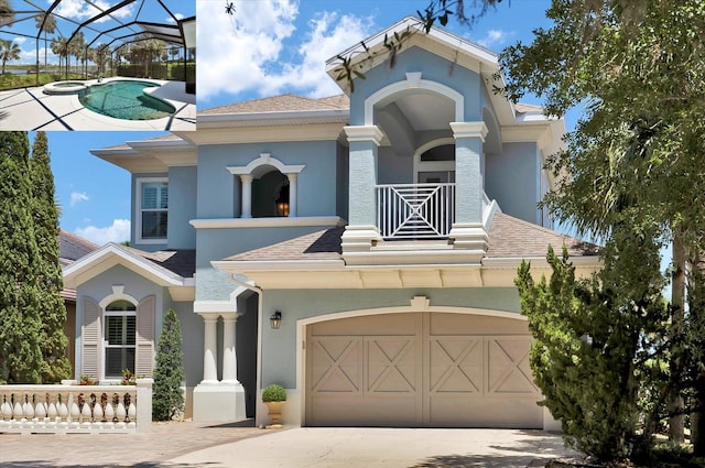 view of front of house with a garage, a balcony, stucco siding, a shingled roof, and concrete driveway