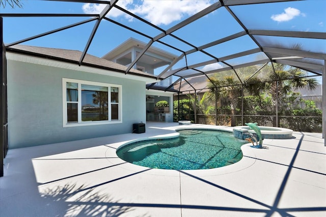 view of swimming pool featuring an outdoor kitchen, a patio, a pool with connected hot tub, and a lanai