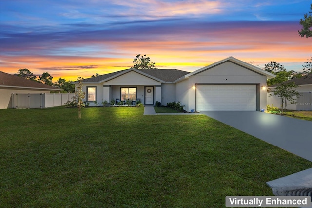 single story home with fence, a front lawn, concrete driveway, an attached garage, and stucco siding
