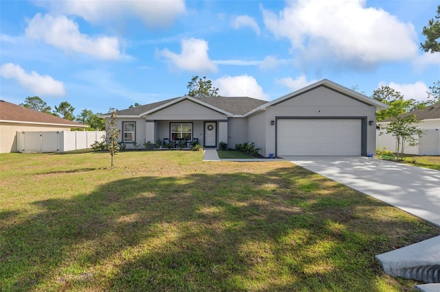 ranch-style house with concrete driveway, stucco siding, fence, and a garage