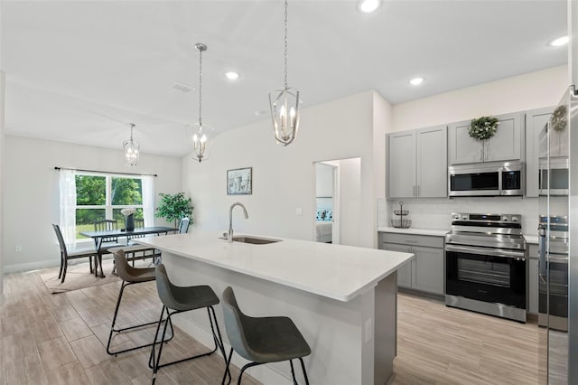 kitchen featuring appliances with stainless steel finishes, a sink, light countertops, backsplash, and gray cabinetry