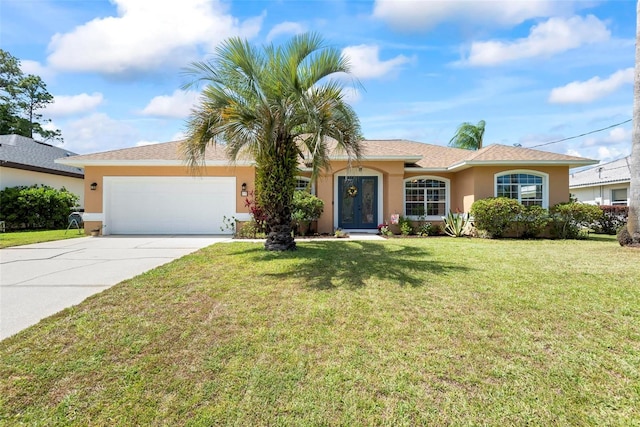 view of front of house with a front lawn, a garage, stucco siding, concrete driveway, and french doors