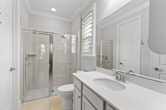 106 Key Grass Ct, Saint Johns, FL 32259 - bathroom with tile patterned flooring, a stall shower, vanity, toilet, and ornamental molding