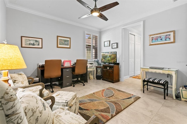 106 Key Grass Ct, Saint Johns, FL 32259 - tiled office featuring crown molding, baseboards, and ceiling fan