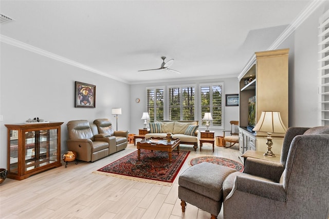 106 Key Grass Ct, Saint Johns, FL 32259 - living room featuring a ceiling fan, visible vents, ornamental molding, and light wood-style flooring