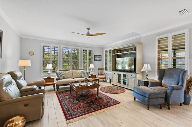 106 Key Grass Ct, Saint Johns, FL 32259 - living area with ornamental molding, a ceiling fan, wood finished floors, and visible vents