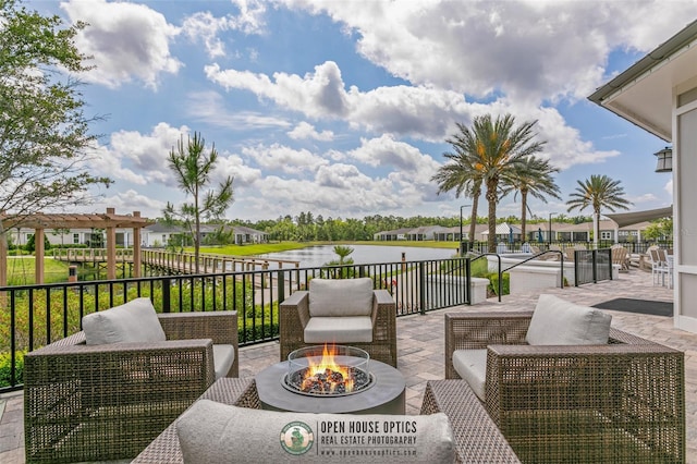 106 Key Grass Ct, Saint Johns, FL 32259 - view of patio with an outdoor living space with a fire pit, fence, a pergola, and a residential view