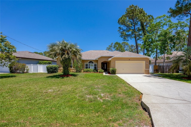 single story home with a garage, fence, concrete driveway, and a front yard