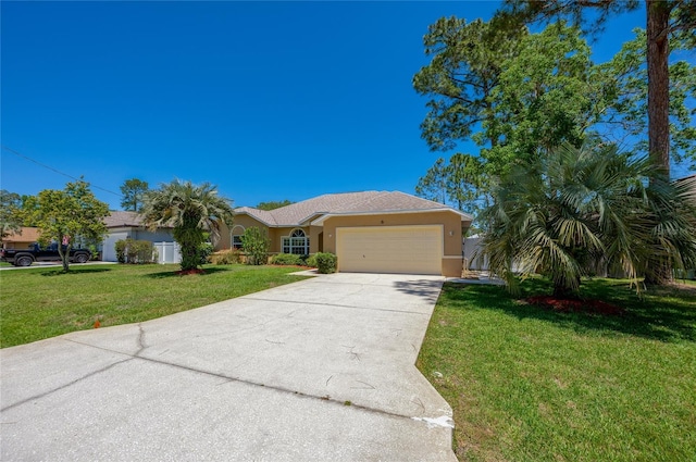 ranch-style house with stucco siding, driveway, a front yard, and a garage