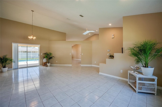 spare room with light tile patterned floors, baseboards, recessed lighting, and high vaulted ceiling