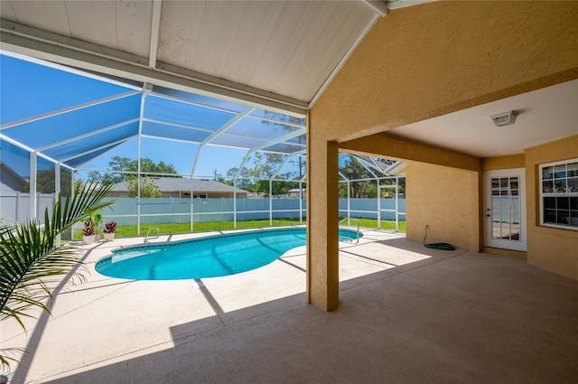 view of swimming pool featuring a fenced backyard, a fenced in pool, and a patio