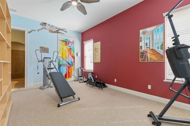114 Emerald Lake Dr, Palm Coast, FL 32137 - workout room with baseboards, carpet, and a ceiling fan