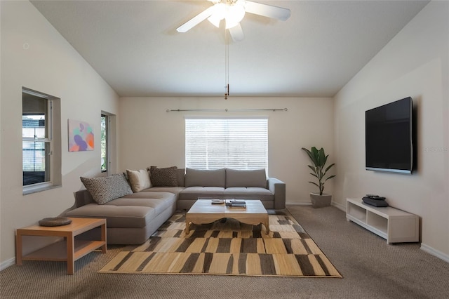 28 Weller Ln, Palm Coast, FL 32164 - living room with ceiling fan, vaulted ceiling, a healthy amount of sunlight, and carpet