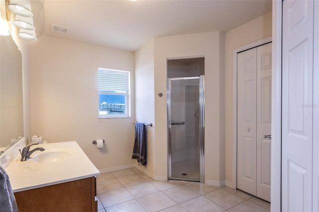 28 Weller Ln, Palm Coast, FL 32164 - bathroom with vanity, tile patterned floors, a shower stall, visible vents, and a closet