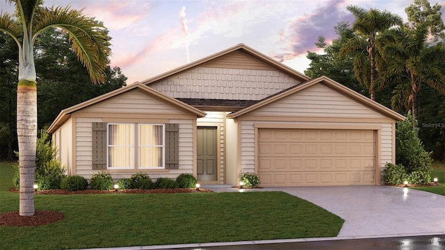 ranch-style house with a lawn, an attached garage, and driveway