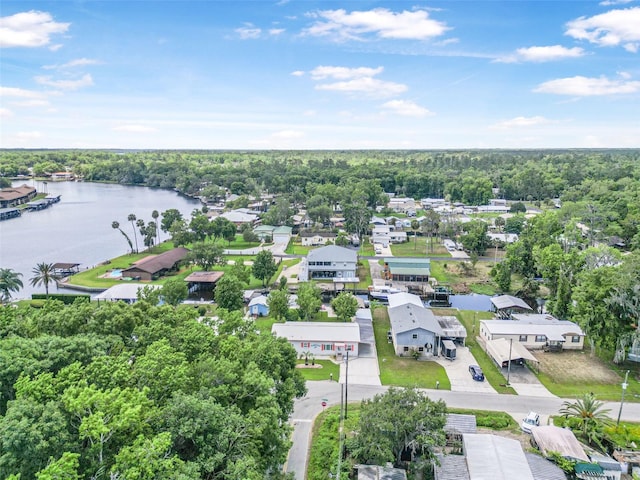 bird's eye view featuring a water view, a view of trees, and a residential view
