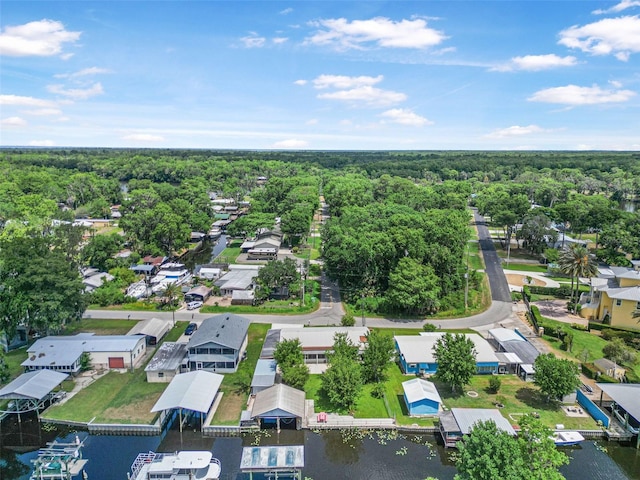 bird's eye view with a water view, a view of trees, and a residential view