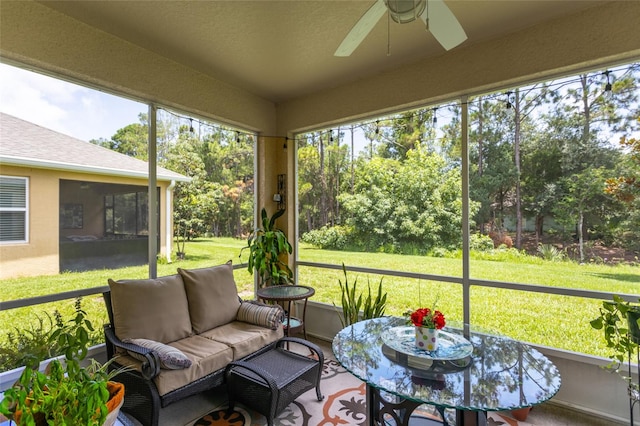35 Park Place Cir, Palm Coast, FL 32164 - sunroom / solarium with an outdoor hangout area, a ceiling fan, and a healthy amount of sunlight