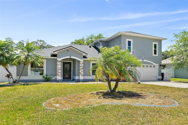 23 Essington Ln, Palm Coast, FL 32164 - view of front of house featuring an attached garage, driveway, a front yard, and stucco siding