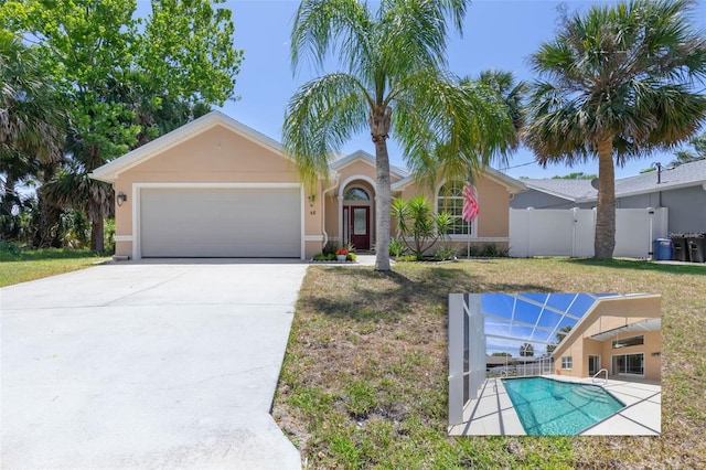 view of front of property with a garage, fence, a fenced in pool, concrete driveway, and stucco siding