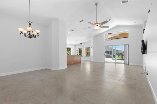 unfurnished living room featuring visible vents, baseboards, high vaulted ceiling, a sink, and ceiling fan with notable chandelier