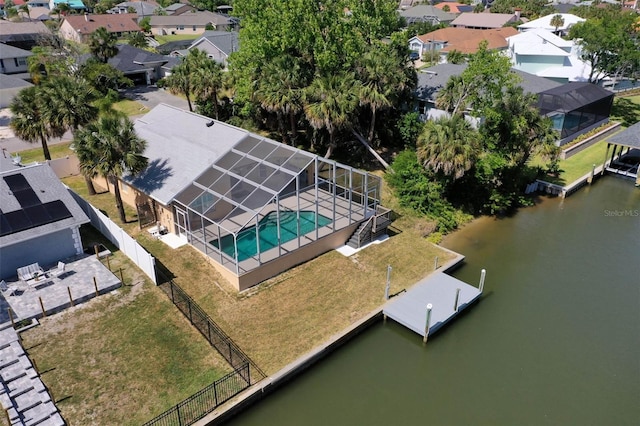 aerial view featuring a water view and a residential view