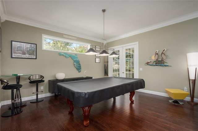 recreation room with french doors, ornamental molding, wood finished floors, baseboards, and pool table