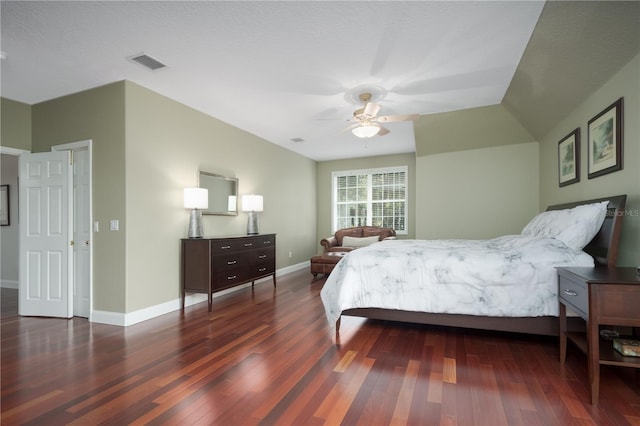 bedroom with wood finished floors, baseboards, and ceiling fan