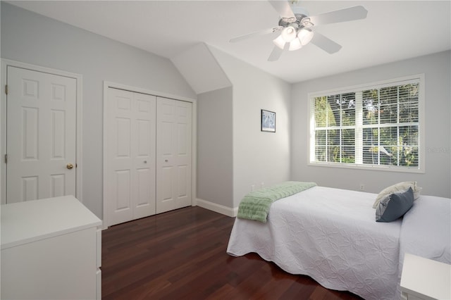 bedroom with wood finished floors, baseboards, ceiling fan, and a closet