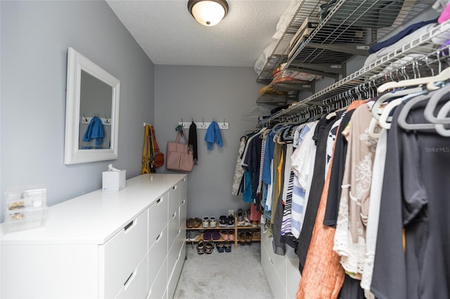 walk in closet featuring light carpet