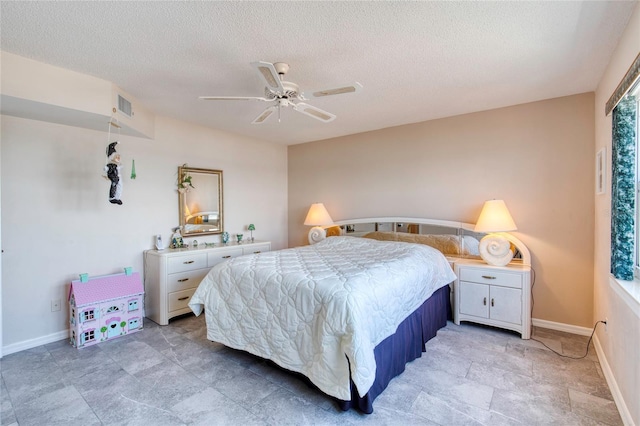 2937 S Atlantic Ave Unit 2001, Daytona Beach, FL 32118 - bedroom with a ceiling fan, baseboards, visible vents, and a textured ceiling