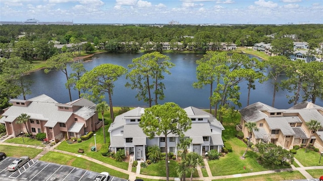 aerial view with a water view and a residential view