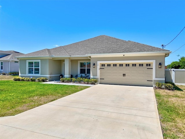 ranch-style home featuring fence, an attached garage, driveway, stucco siding, and a front yard
