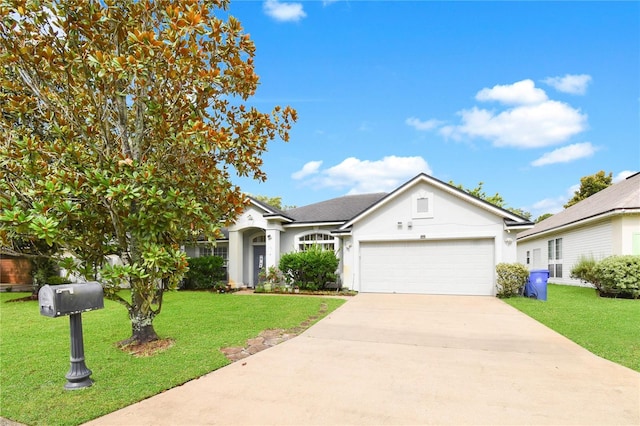 237 N Hidden Tree Dr, Saint Augustine, FL 32086 - ranch-style house featuring a garage, a front yard, concrete driveway, and stucco siding