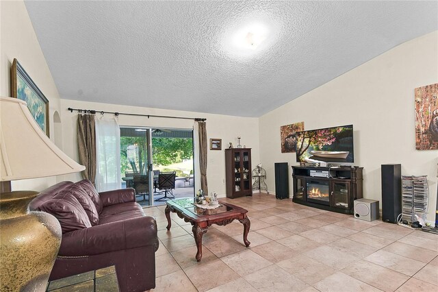 237 N Hidden Tree Dr, Saint Augustine, FL 32086 - living area with vaulted ceiling, a textured ceiling, and a glass covered fireplace