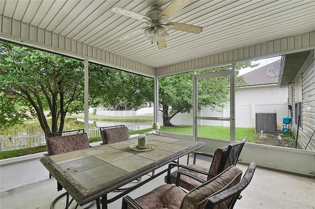 237 N Hidden Tree Dr, Saint Augustine, FL 32086 - sunroom / solarium featuring outdoor dining space, ceiling fan, a water view, and plenty of natural light