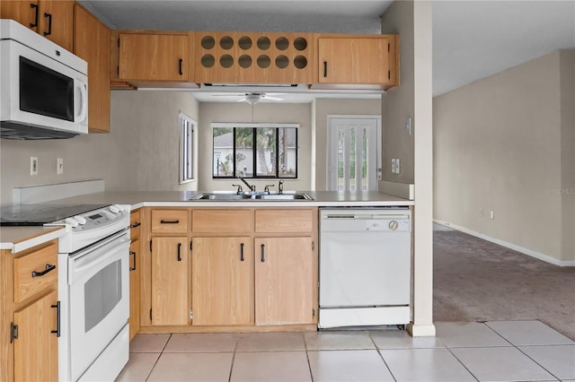 14 Post Oak Ln, Palm Coast, FL 32164 - kitchen featuring white appliances, a sink, light countertops, light carpet, and ceiling fan
