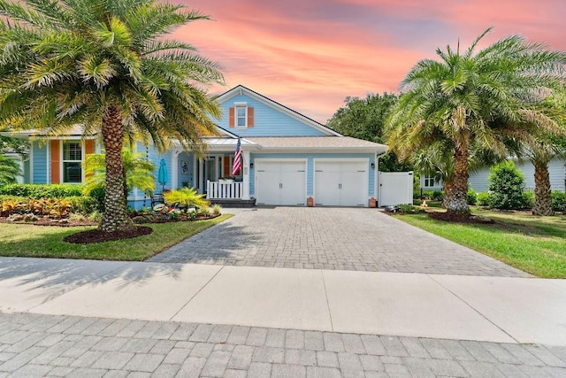 view of front facade with an attached garage, decorative driveway, and covered porch