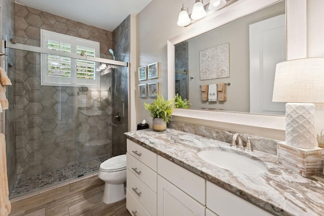 bathroom featuring toilet, a shower stall, vanity, and wood finished floors