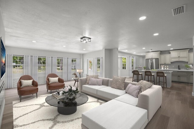 living area with recessed lighting, a wealth of natural light, visible vents, and wood finished floors